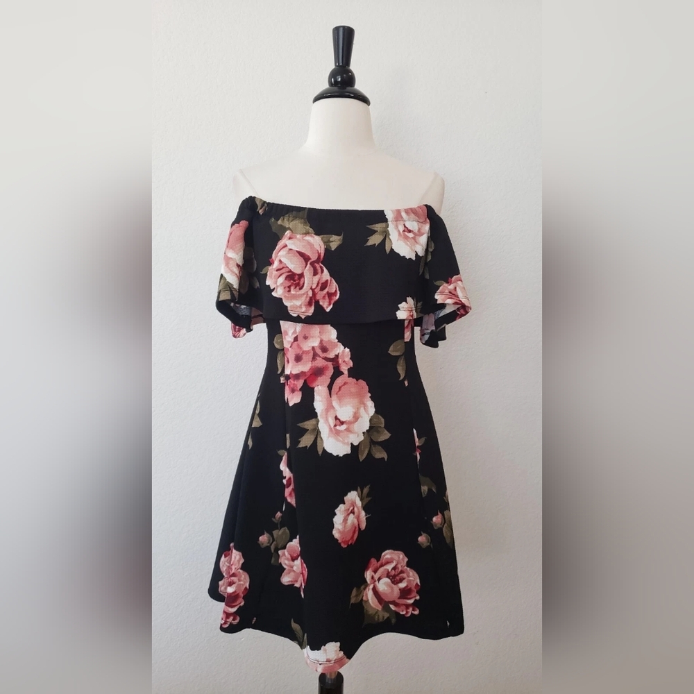 Black Off-Shoulder Floral Dress with Pink Roses